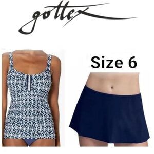 Gottex Swimsuit tankini Top 32 D with Navy Skirted Swim Bottoms Size 6